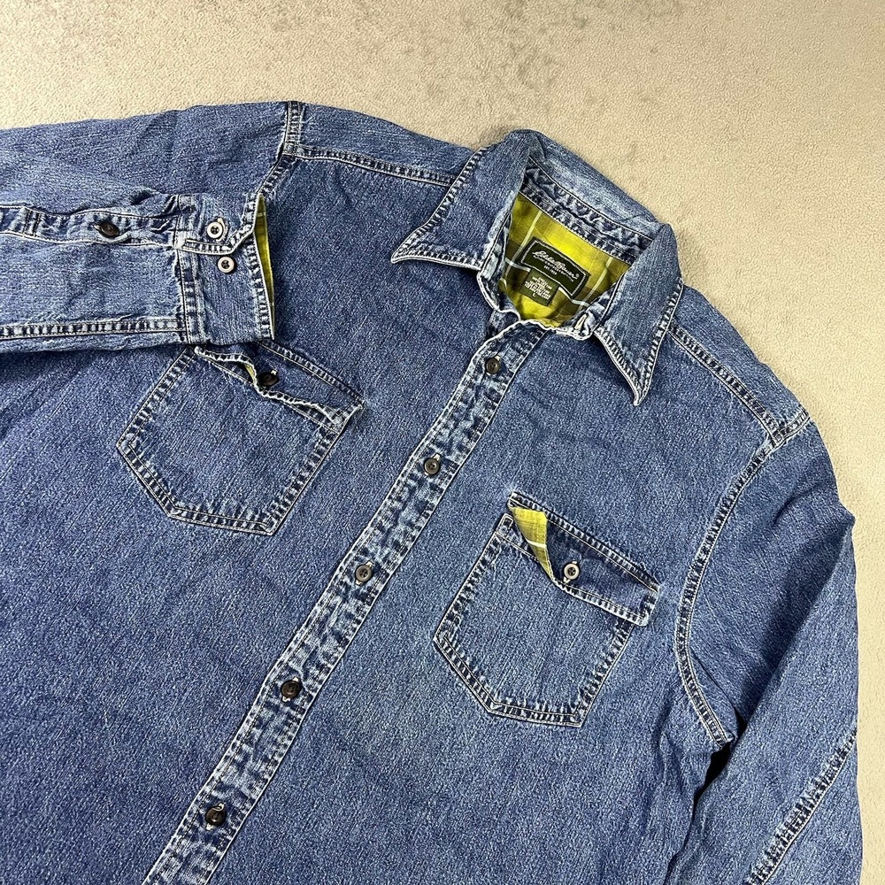 Eddie Bauer Denim Shacket Shirt Large Flannel Plaid Lined Workwear VINTAGE